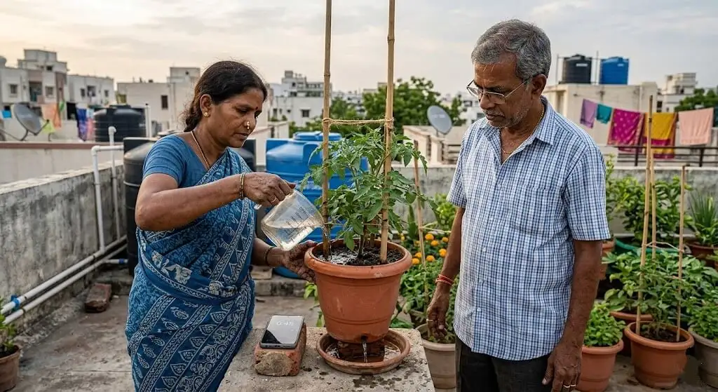Indian gardener pouring 500ml water from measuring cup onto container soil surface with stopwatch timing drainage hole outflow rate test