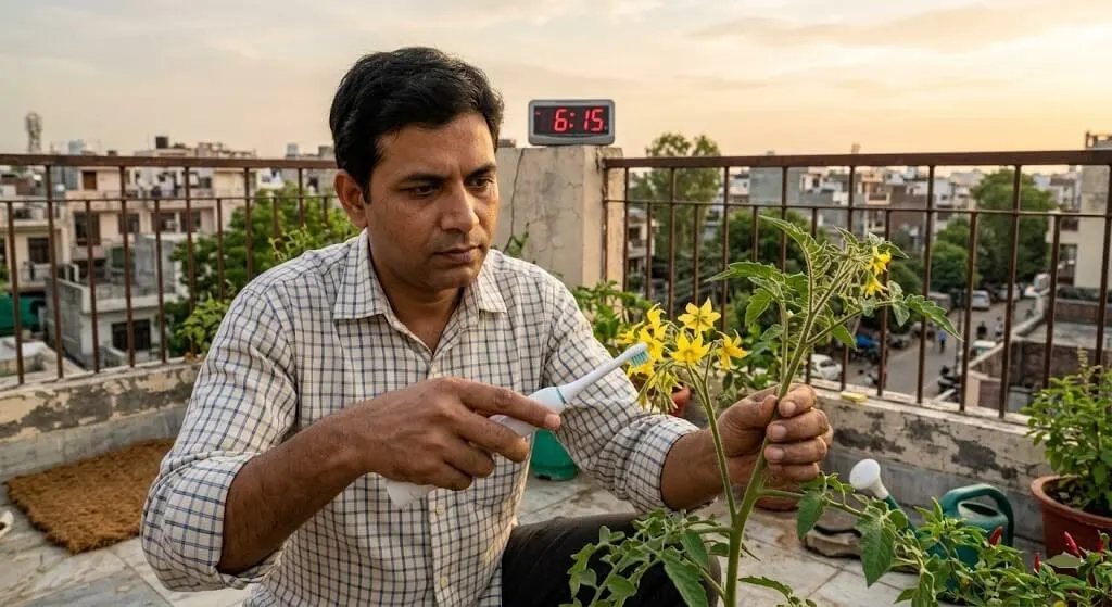 Indian man hand-pollinating tomato flowers with electric toothbrush at 6:15 AM, clock visible showing 6:15, golden dawn light on Delhi terrace, open tomato flower with fresh viable yellow pollen