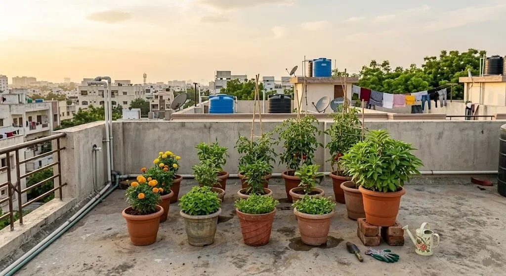 Indian apartment terrace containers spaced 25-30 cm apart positioned 40-50 cm from parapet walls in ventilated centre to prevent pre-monsoon edema