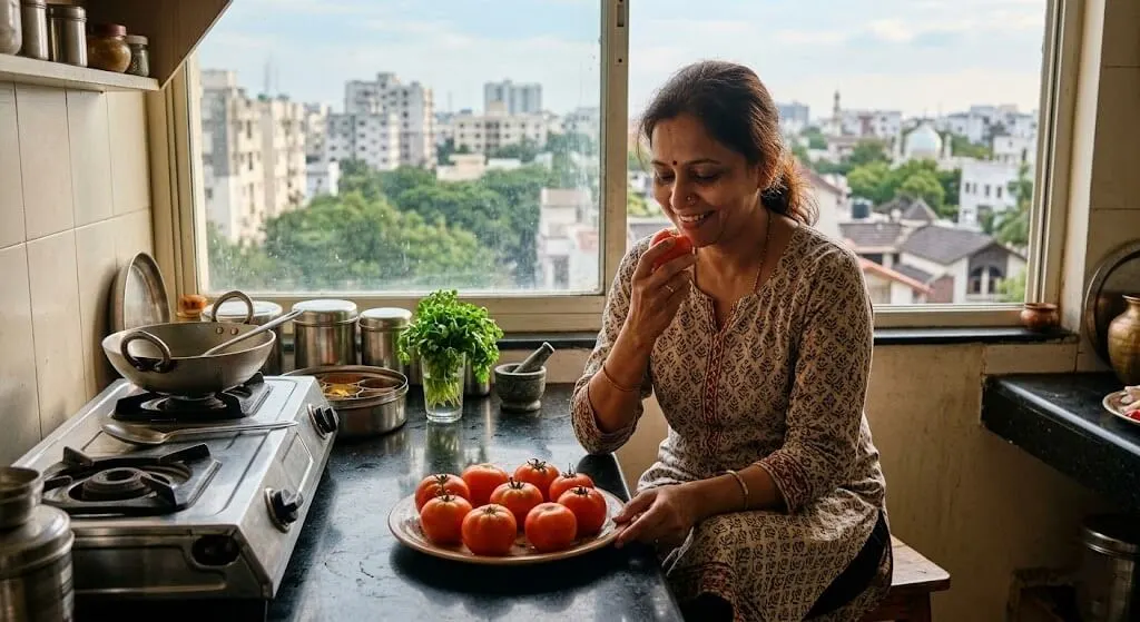 Indian woman Hyderabad with second Pusa Ruby tomato harvest stored correctly on counter stem up rich flavour first successful season storage