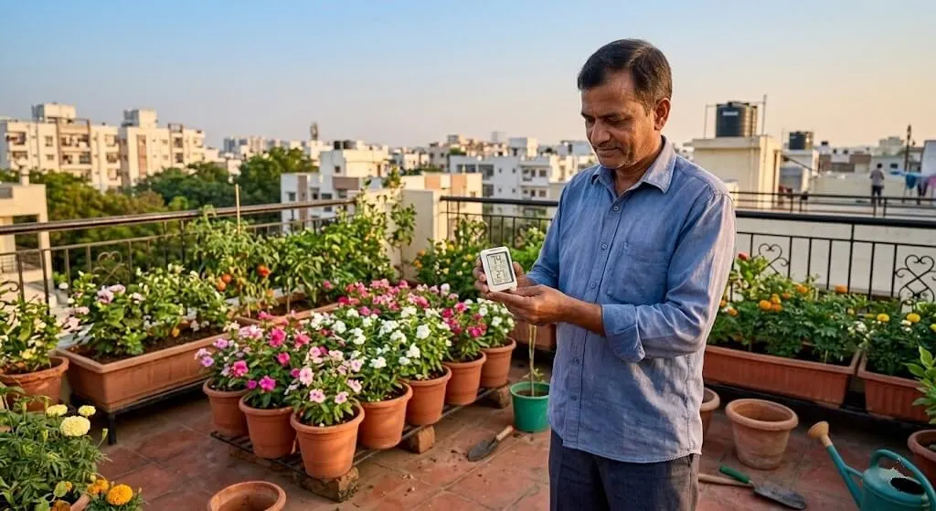 Indian gardener checking ThermoPro thermohygrometer on terrace in April monitoring overnight humidity pre-monsoon threshold for edema prevention