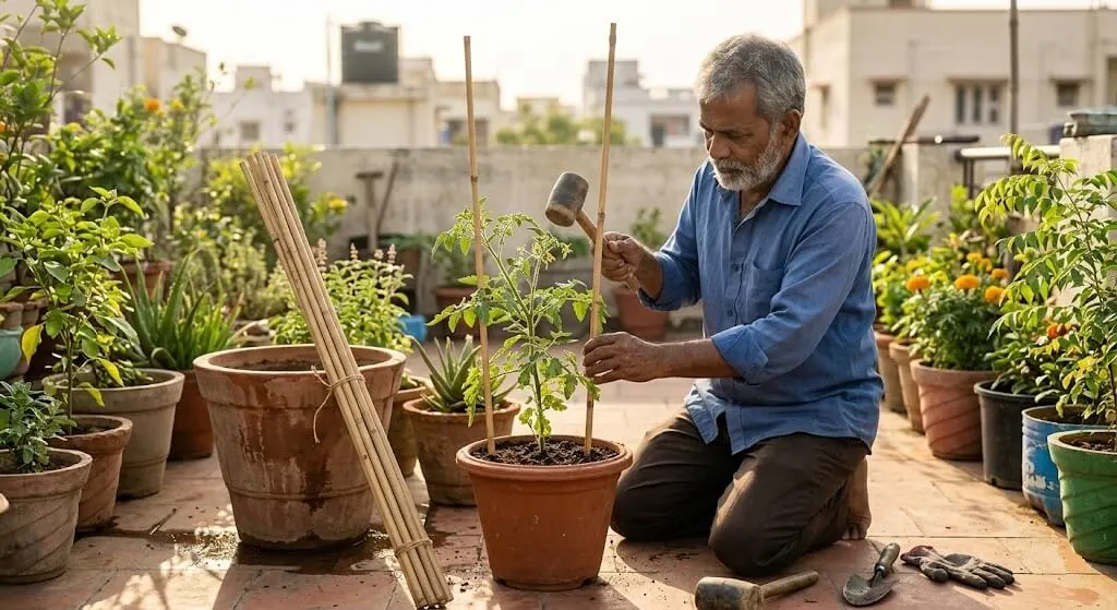 Indian gardener installing three-point bamboo stakes on 35cm tomato plants in April before pre-monsoon May June wind season