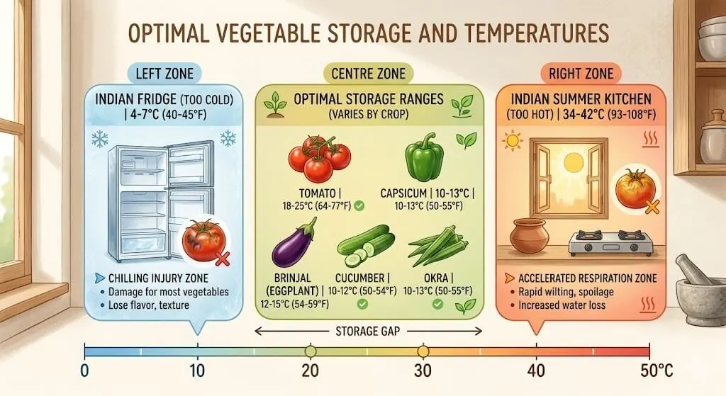Comparison table Indian summer kitchen temperatures fridge and ambient versus optimal storage range for tomato capsicum brinjal methi coriander