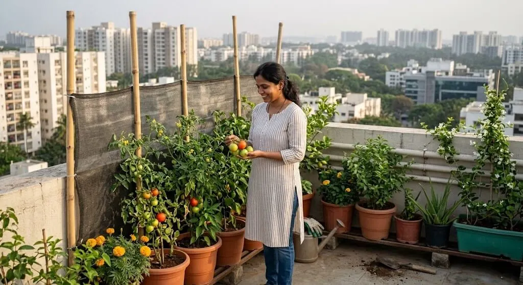 Indian woman Bangalore 9th floor west terrace vertical 50 percent shade cloth windbreak western parapet first successful tomato harvest 3.4kg 2023
