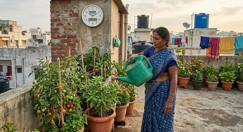 Indian gardener watering container plants in early morning 6-8 AM Indian summer terrace stomata open period edema prevention protocol