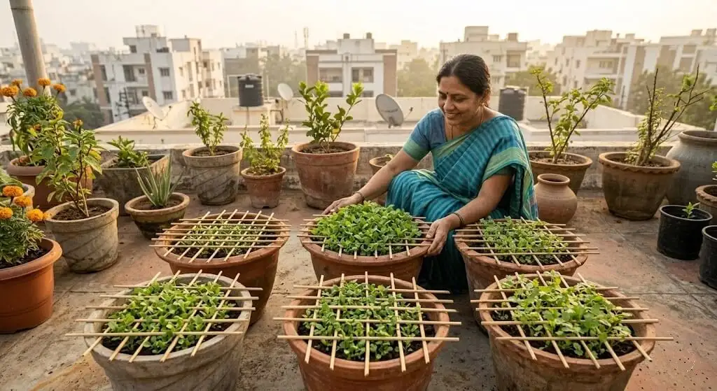 Indian woman Chennai 3rd floor terrace herb containers with bamboo skewer grids installed methi coriander first undisturbed full harvest three years