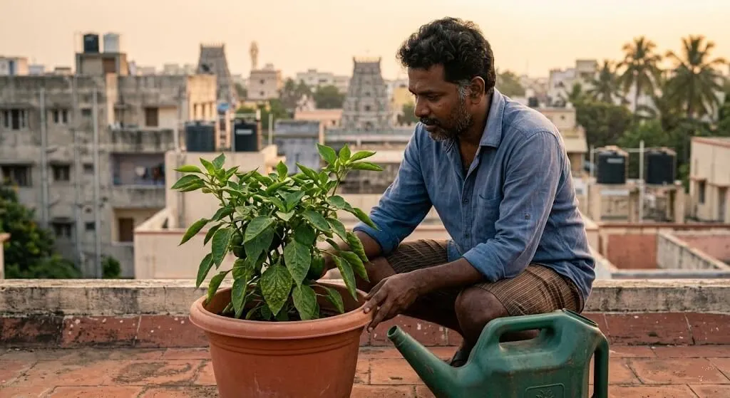 Indian man Chennai 5th floor east terrace with capsicum containers showing smooth new growth recovery after shifting to morning watering edema summer