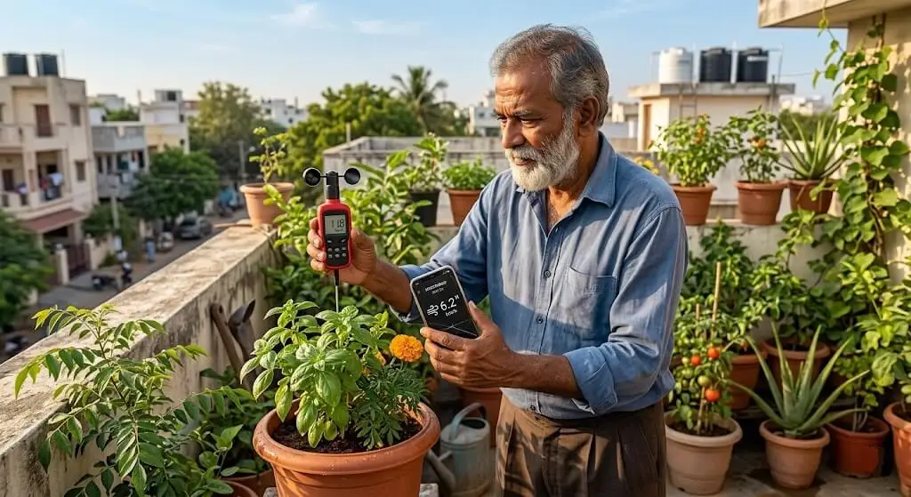 Suresh demonstrating hand anemometer measurement at pot height Madanapalle 4th floor terrace May 2021 28 km/h versus 14 km/h weather