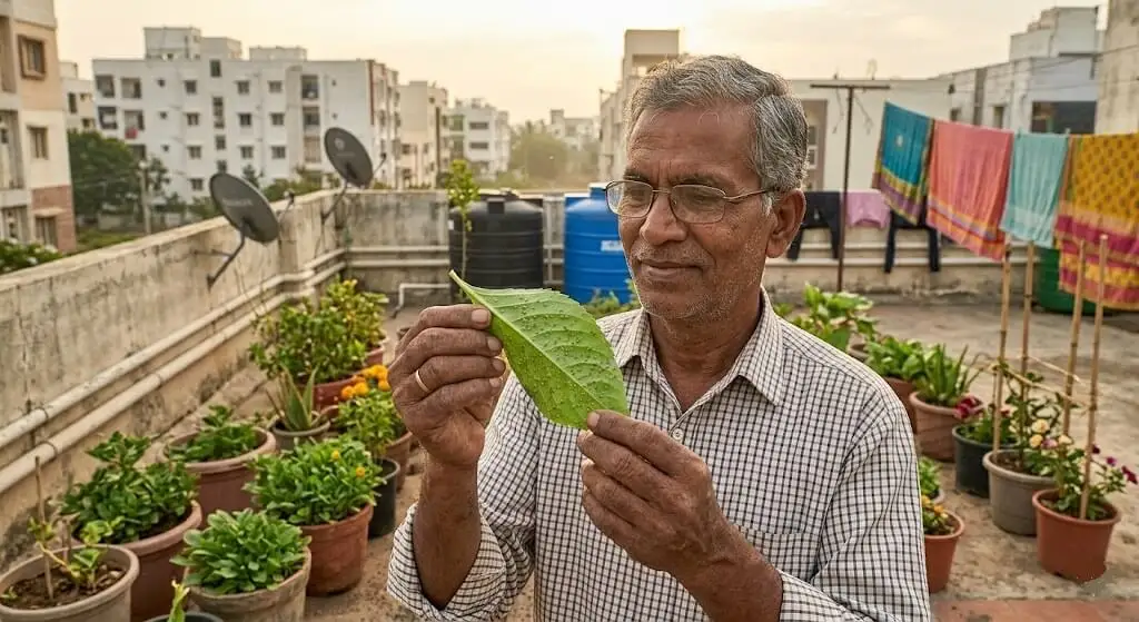 Suresh examining balsam leaf with summer edema bumps held up to light Madanapalle terrace May 2023 no spray diagnosis