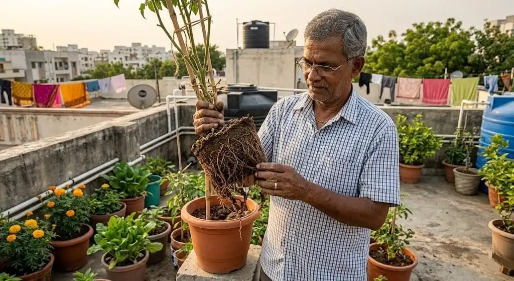 Suresh showing brown mushy Pythium-infected roots from drainage-failed tomato container Madanapalle terrace May 2022 saucer