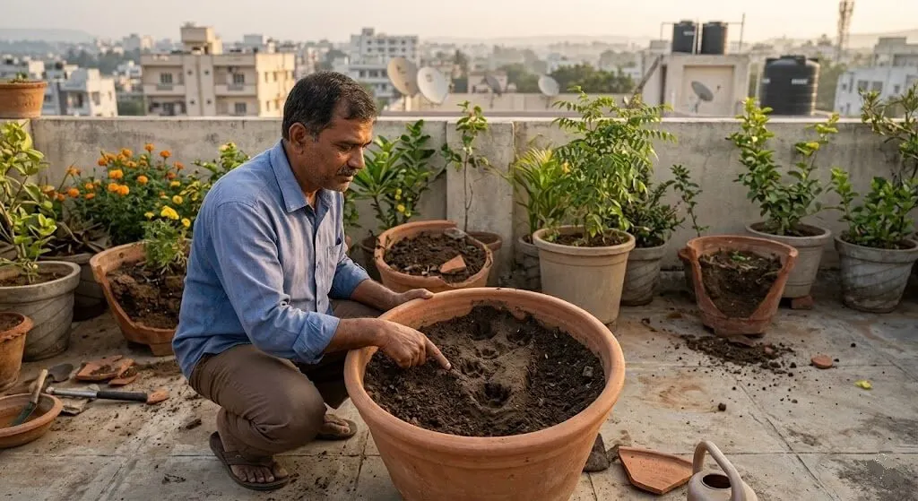 Suresh pointing to systematic excavation pattern in terracotta container Madanapalle terrace February 2023 diagnosing single cat habituated route