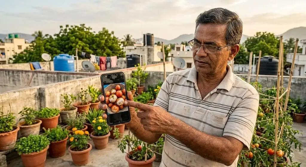 Suresh examining photograph of tomato fruit showing sunscald damage diagnosis identifying south-facing pattern Madanapalle terrace June 2022