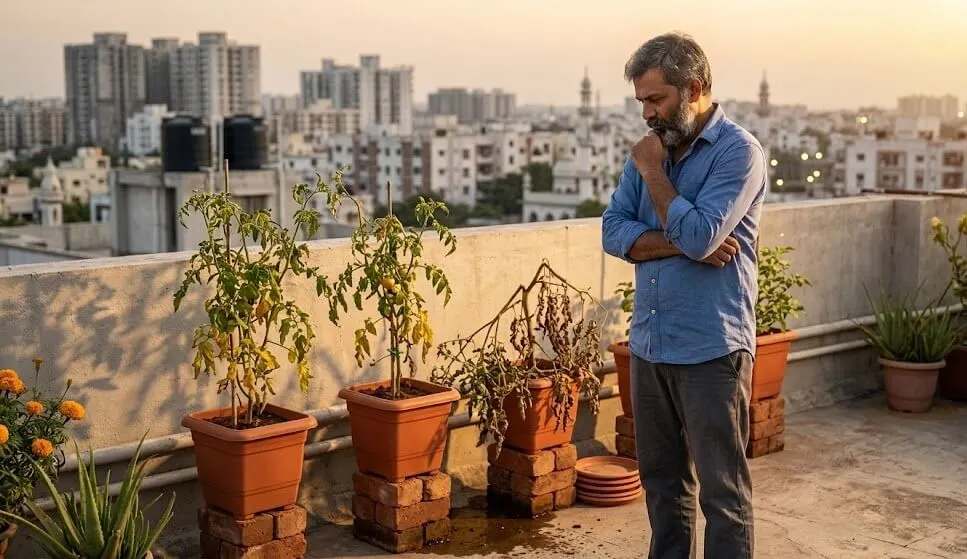 Indian man Hyderabad 7th floor west terrace tomato containers with saucers removed after drainage failure five day wrong heat stress diagnosis