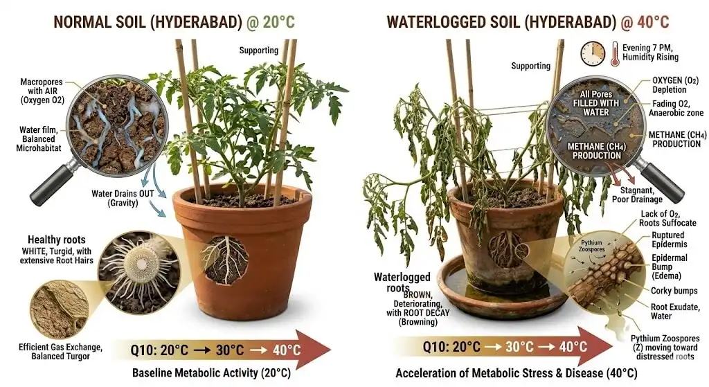 Scientific diagram showing anaerobic fermentation cascade in waterlogged container soil hypoxic root stress Pythium zoospore colonisation Indian summer