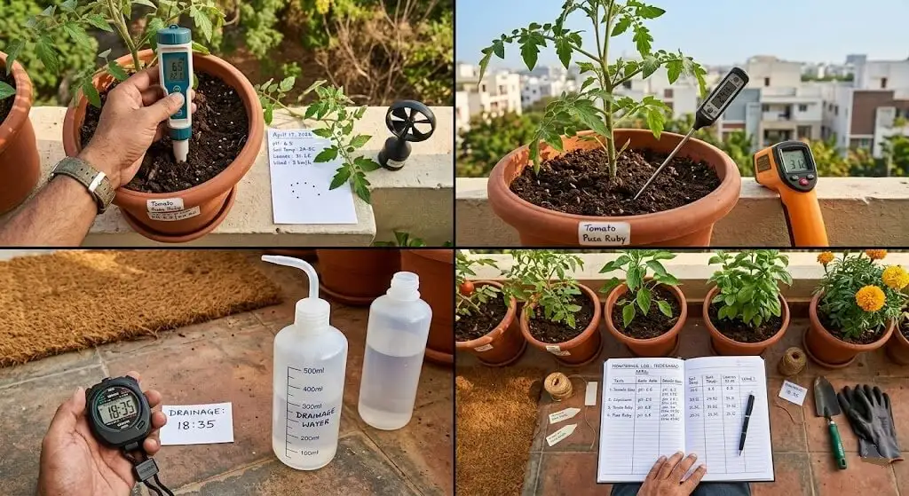 Four baseline tests being performed simultaneously — pH meter in soil, paper tap test, thermometer probe, 500ml drainage test