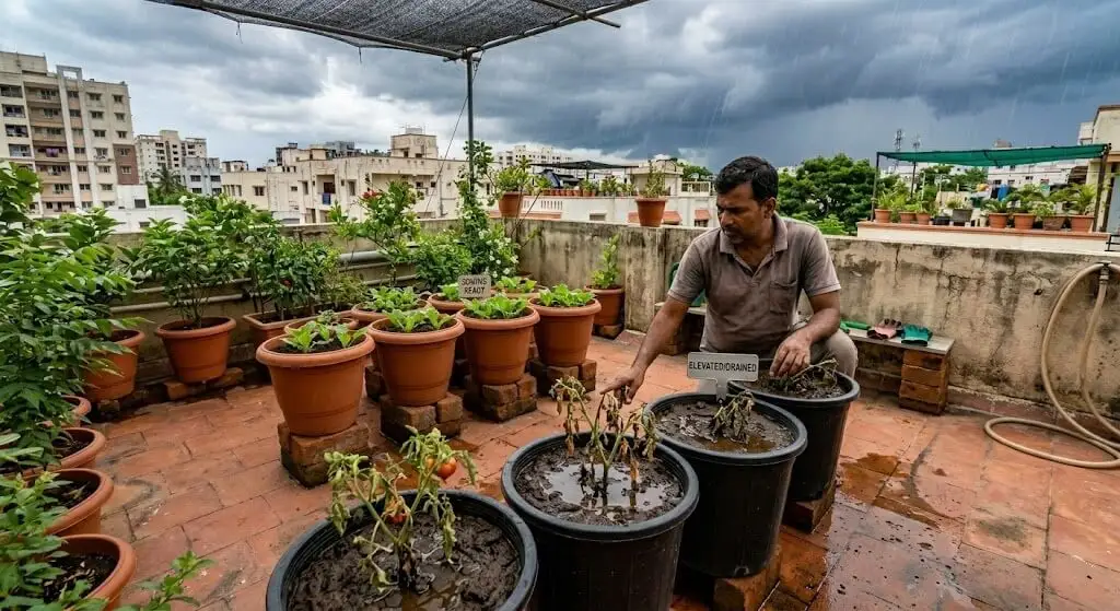 Indian man on a 5th floor Bangalore apartment terrace assessing damage. Four black plastic containers visible — plants wilted, soil waterlogged, clear drainage failure from first monsoon rain. Four terracotta containers elevated on bricks in the background — plants completely healthy and producing. The contrast tells the entire story. First-week July monsoon light.