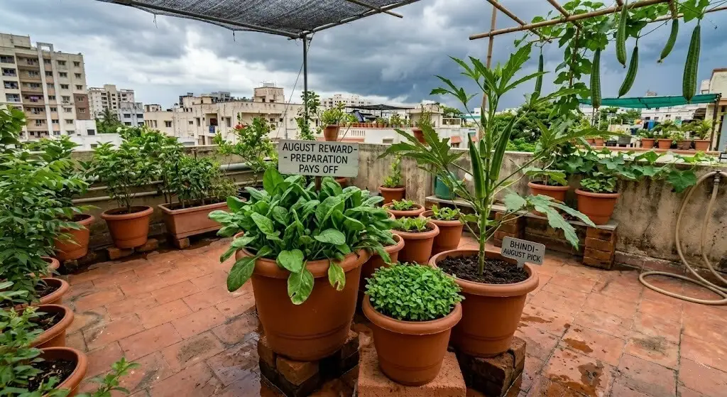 Indian apartment terrace in August monsoon light. A healthy palak container ready for second cut. A bhindi plant with 3-4 visible pods. A small 8-inch pot with dense methi seedlings from July sowing. Ridge gourd continuing to produce in the background. The scene shows the reward of good pre-monsoon preparation.