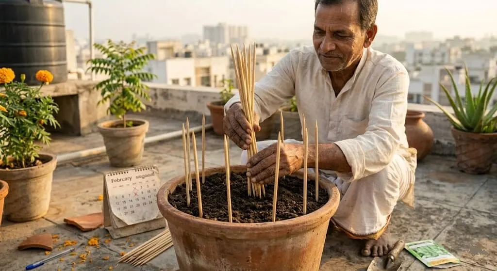 Indian gardener installing bamboo skewer grid before sowing seeds in February Indian terrace prevention before peak cat disturbance window