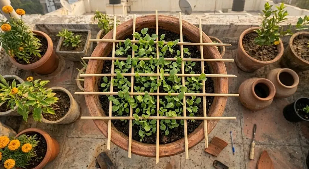 Bamboo skewer grid correctly installed in terracotta container 5cm spacing leaving no gap larger than 5cm cat cannot dig between skewers