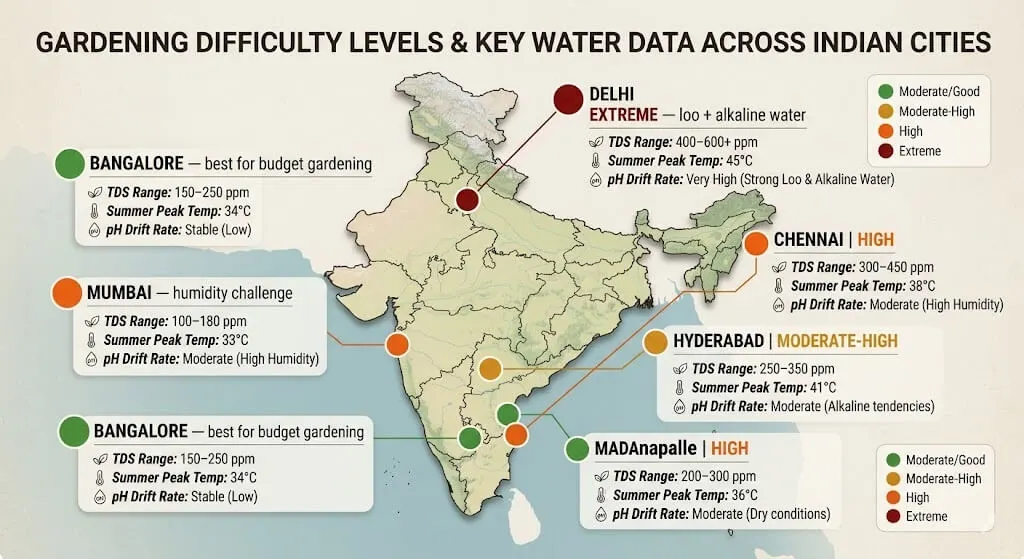 India map with city comparison table — Bangalore in green as most gardening-friendly, Delhi and Mumbai in red as most challenging, showing TDS, temperature, and pH drift rates