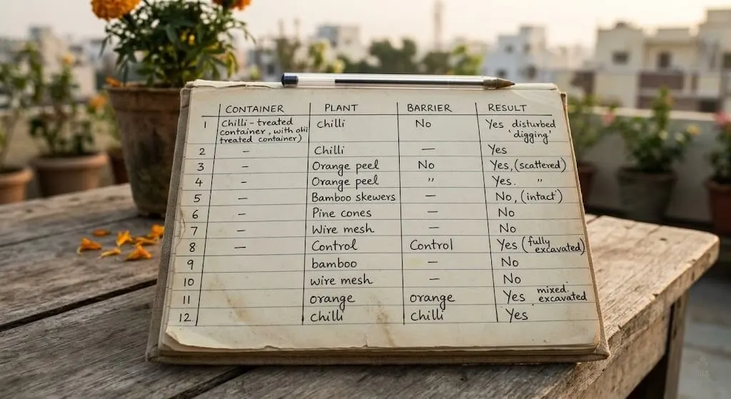 Gardening notebook 12-container barrier test March 2023 Madanapalle showing smell deterrents failed physical barriers all succeeded five nights