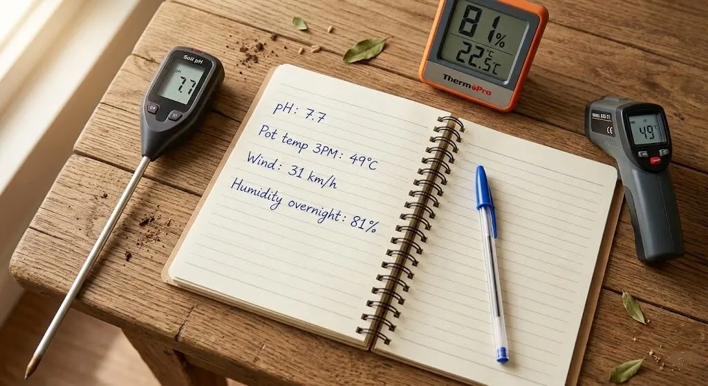 Notebook open showing four baseline measurements — soil pH 7.7, pot temperature 49°C, wind speed 31 km/h, overnight humidity 81% — with digital pH meter and thermometer beside it