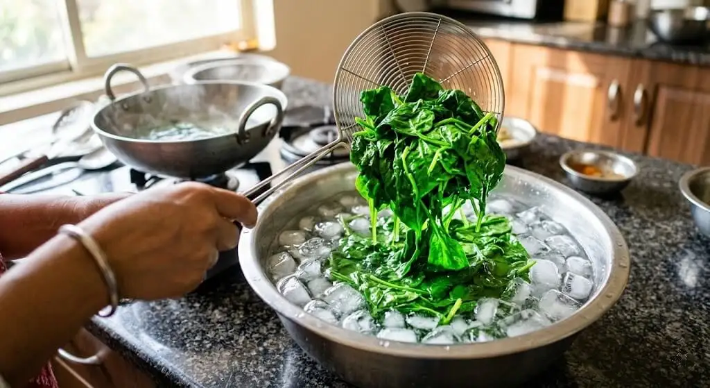 Blanched palak immediately plunged into ice water bath showing bright green colour preservation before freezing Indian terrace surplus harvest