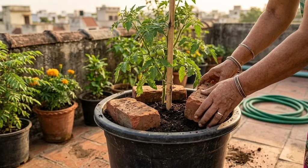 Three bricks inside plastic container rim Indian high-floor terrace anti-toppling weight solution for wind stability
