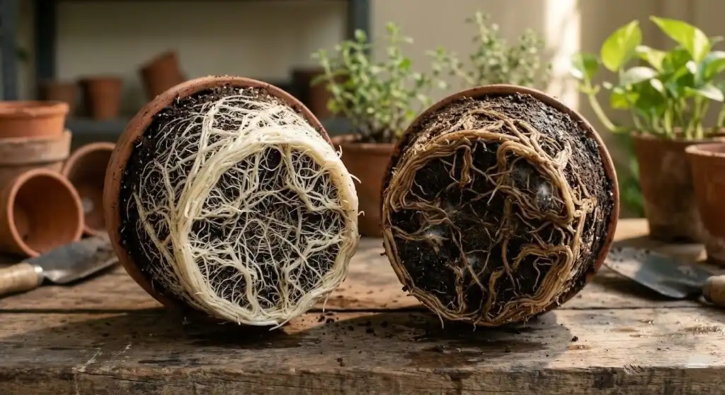 Side by side comparison of healthy white firm container plant roots versus brown mushy Pythium-infected roots with white cottony mycelium drainage failure