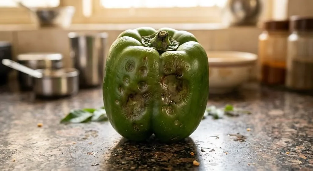 Capsicum showing chilling injury symptoms surface pitting water-soaked patches after storage below 7°C in standard Indian refrigerator