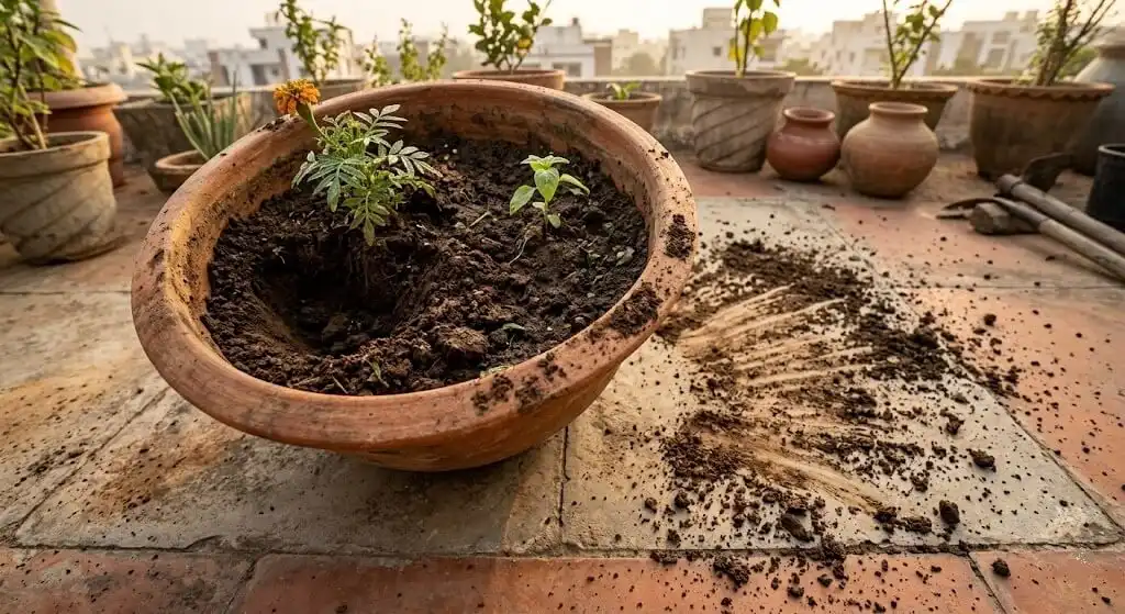 Overhead view Indian terrace container showing distinctive fan-shaped soil scatter pattern from cat digging rear-leg pushing motion