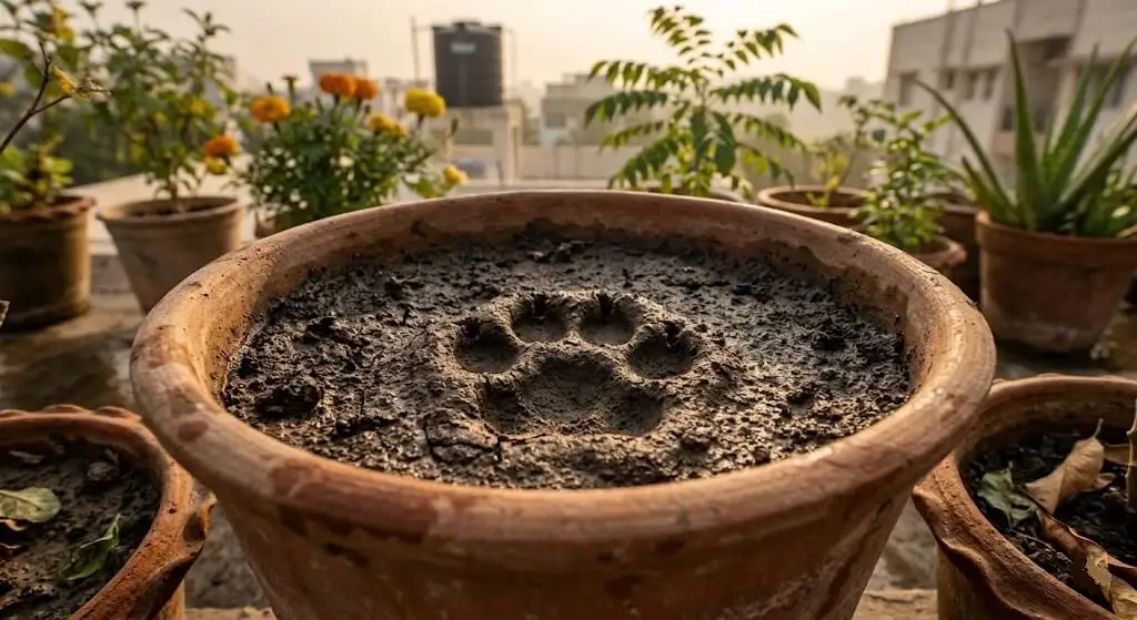 Clear oval cat paw print with four circular toe pad impressions visible in container soil surface Indian terrace definitive diagnostic