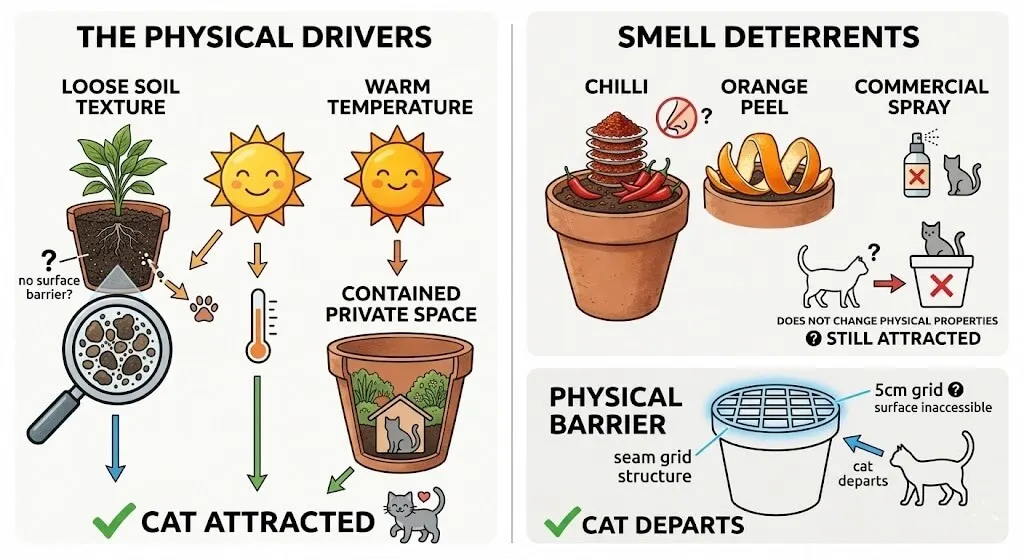 Scientific diagram showing feline soil selection behaviour physical drivers loose warm private versus smell drivers ineffective deterrents