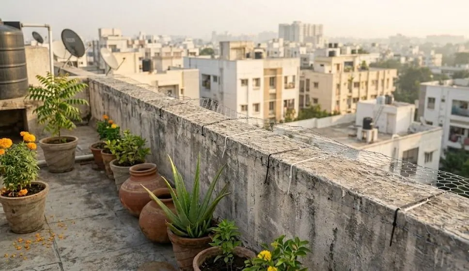 Chicken wire mesh strip laid horizontally along top of parapet wall Indian apartment terrace preventing cat entry route access point deterrent