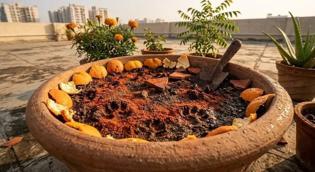 Indian terrace container with chilli powder and orange peel on soil surface as failed cat deterrents with cat paw prints visible through the powder