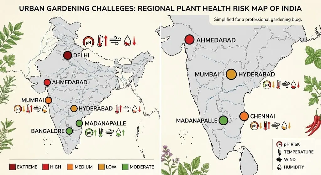India map with Mumbai, Delhi, Bangalore, Chennai, Hyderabad marked showing container garden problem severity levels for pH drift, heat stress, wind damage, and edema