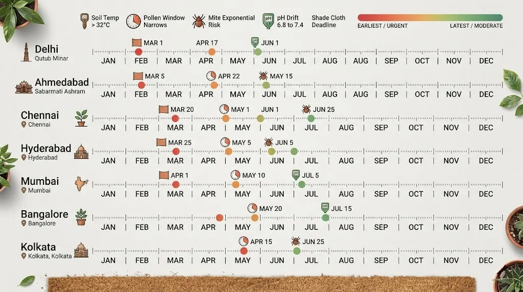Visual calendar showing April-May critical threshold crossing dates for 7 Indian cities