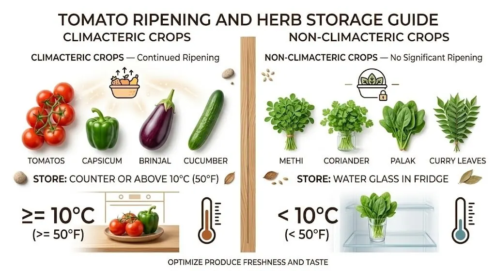 Scientific diagram climacteric versus non-climacteric crops Indian summer terrace garden showing storage temperature and ethylene production differences