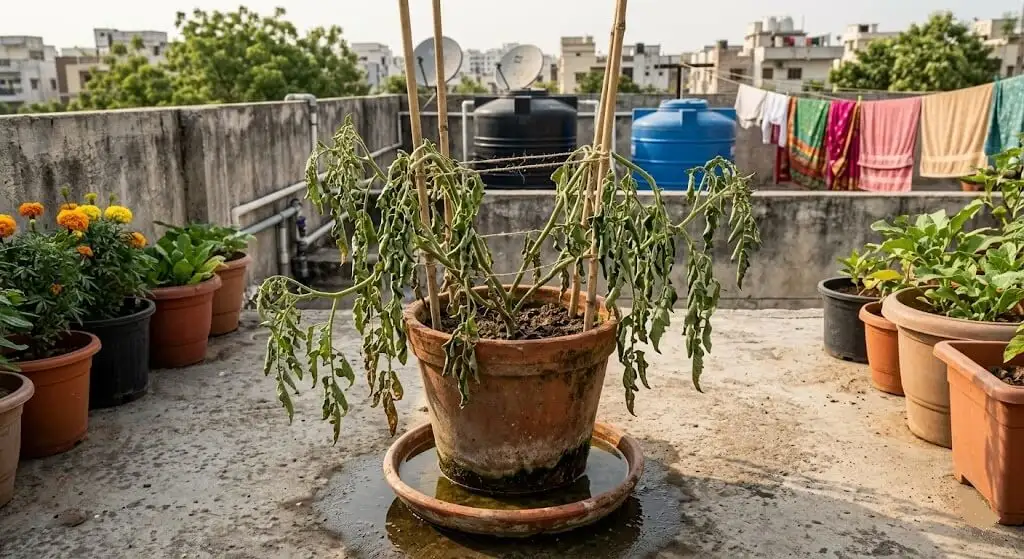 Container plant elevated on three bricks in triangular arrangement free drainage hole clearance no saucer Indian apartment terrace permanent fix