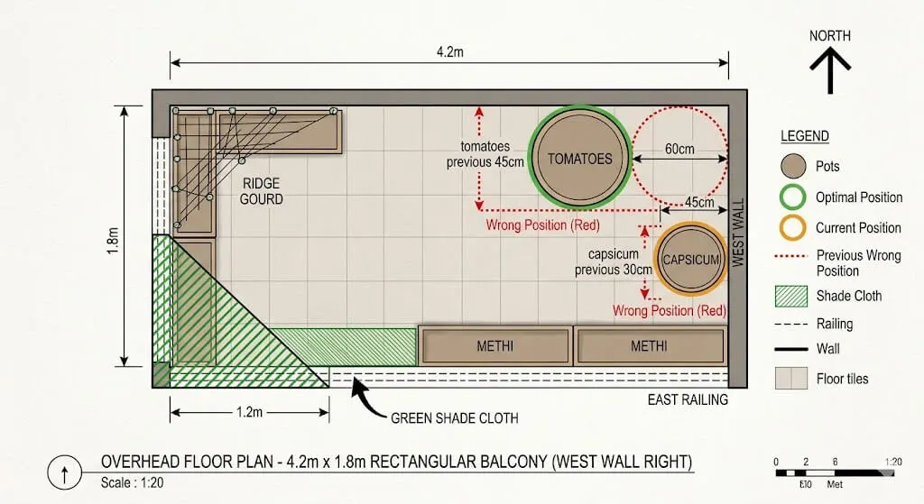 Mumbai balcony layout diagram showing containers moved from west wall to 60cm distance, vertical shade cloth on south-west parapet, plants repositioned by heat tolerance