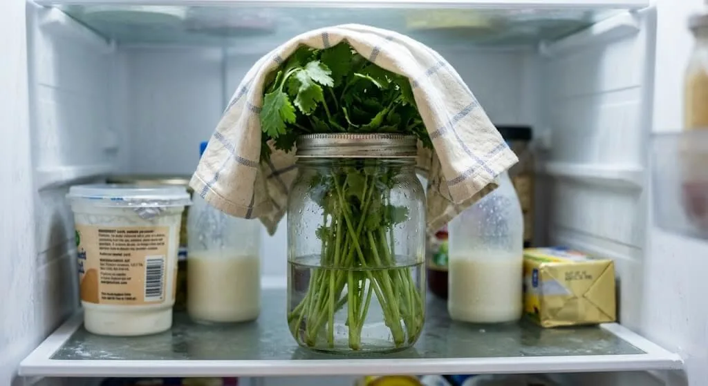 Fresh cut coriander and methi stems in water glass refrigerator loose cloth cover water glass method 7-10 day storage Indian terrace harvest