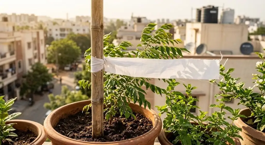 Cotton fabric ribbon tied to bamboo stake at pot height Indian apartment terrace blowing horizontal indicating wind above 20 km/h diagnostic test