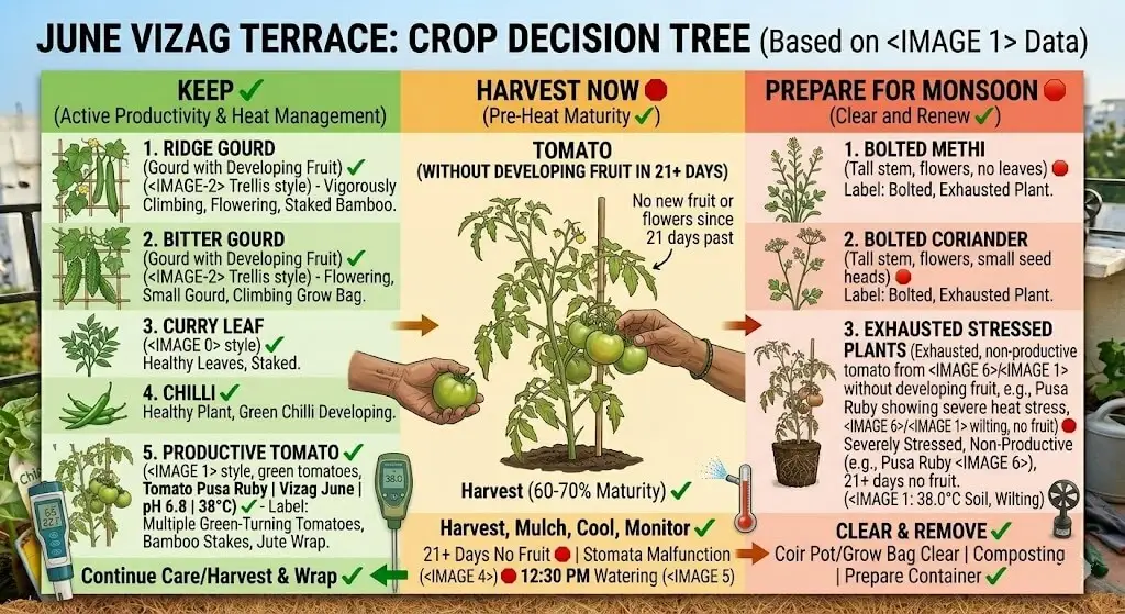 Crop triage guide — three columns: keep and protect, harvest now, prepare for monsoon | Inside crop survival guide