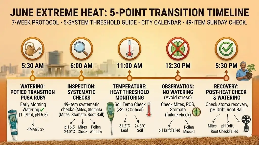 Daily June-July container garden management timeline — 5:30 AM through 6:30 PM with actions