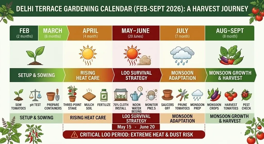 Annual calendar showing Delhi container garden tasks — February soil test, March sowing, April three-point staking, May loo protection, June monsoon transition with specific dates and critical periods marked