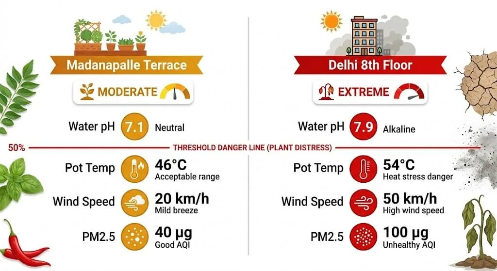 Side-by-side comparison showing Delhi tap water pH 7.9, pot temperature 54°C, loo wind 50 km/h versus Madanapalle tap water pH 7.1, pot temperature 46°C, no loo wind