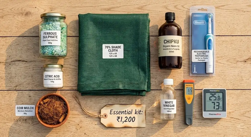 Flat lay of all Delhi season products — 70% shade cloth, ferrous sulphate, citric acid, coarse coir mulch, neem oil, electric toothbrush, coir mulch, pH meter, vinegar bottle