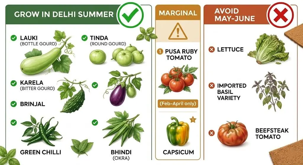 Two-column infographic showing Delhi summer crops — GROW column with lauki, tinda, karela, brinjal, green chilli, bhindi marked green; AVOID column with lettuce, basil, beefsteak tomato marked red