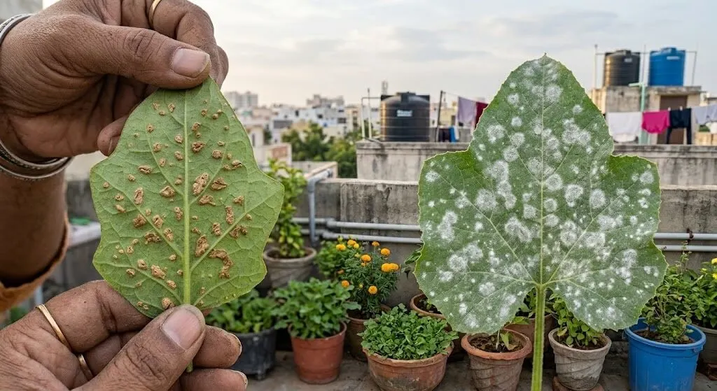 Side-by-side comparison of dry corky edema bumps on leaf underside versus white dusty powdery mildew on leaf upper surface Indian container plants summer