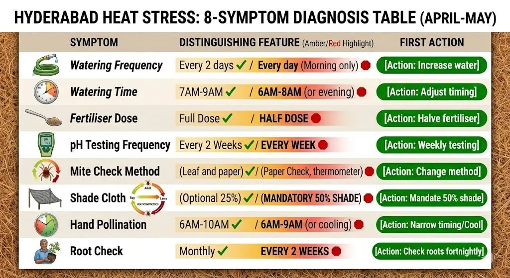 Quick diagnosis table for April-May problems — 8 symptom types with distinguishing features